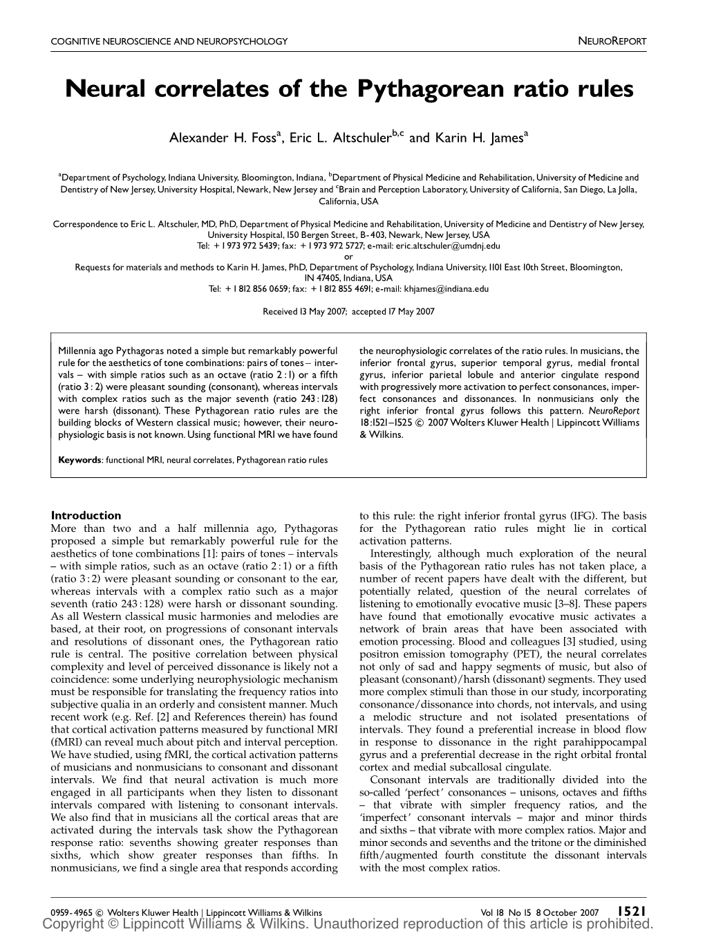 Neural Correlates of the Pythagorean Ratio Rules