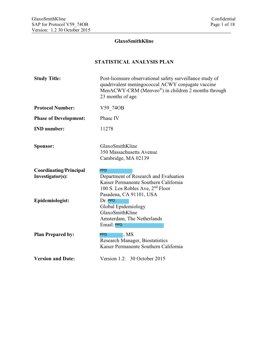 Glaxosmithkline STATISTICAL ANALYSIS PLAN Study Title: Post