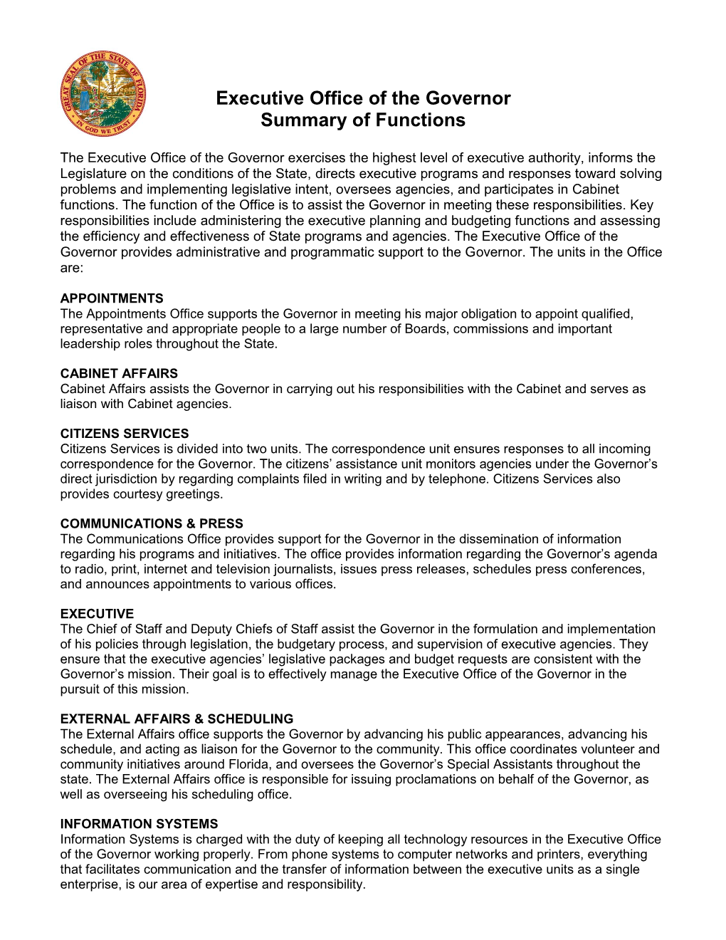 Executive Office of the Governor Summary of Functions