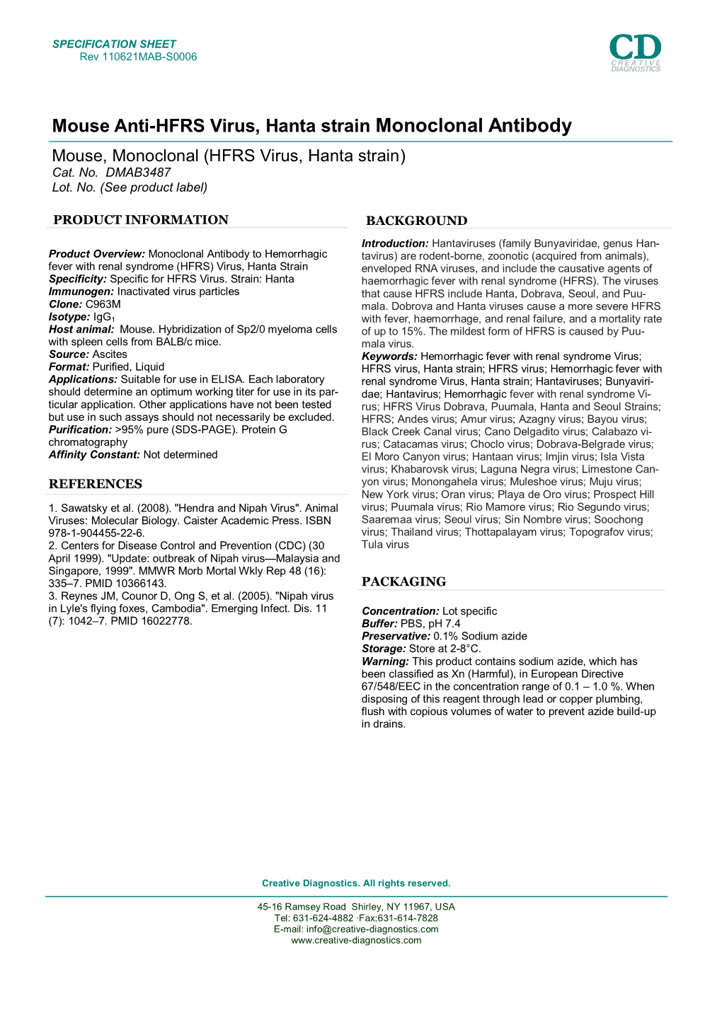 Mouse Anti-HFRS Virus, Hanta Strain Monoclonal Antibody