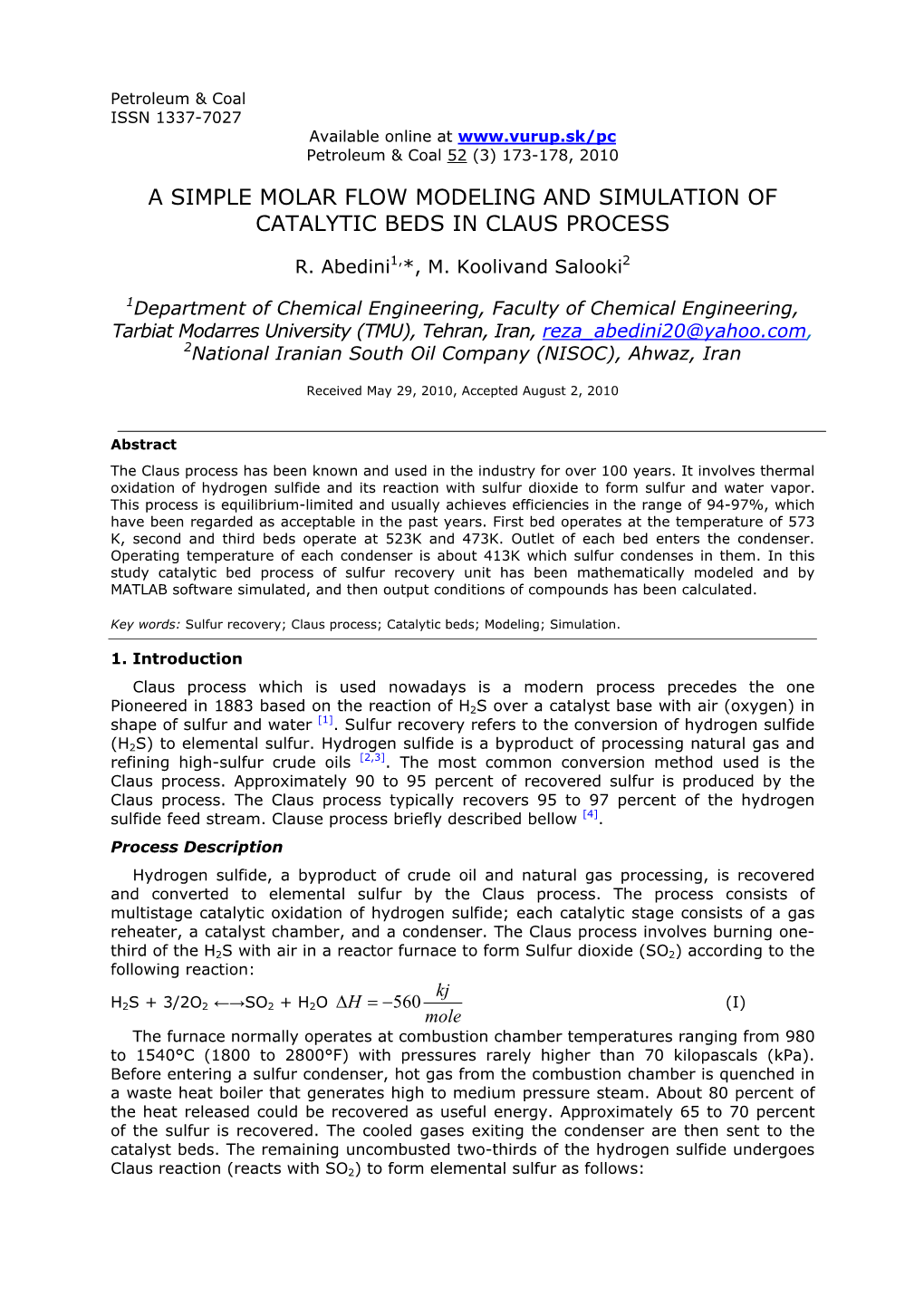 A Simple Molar Flow Modeling and Simulation of Catalytic Beds in Claus Process