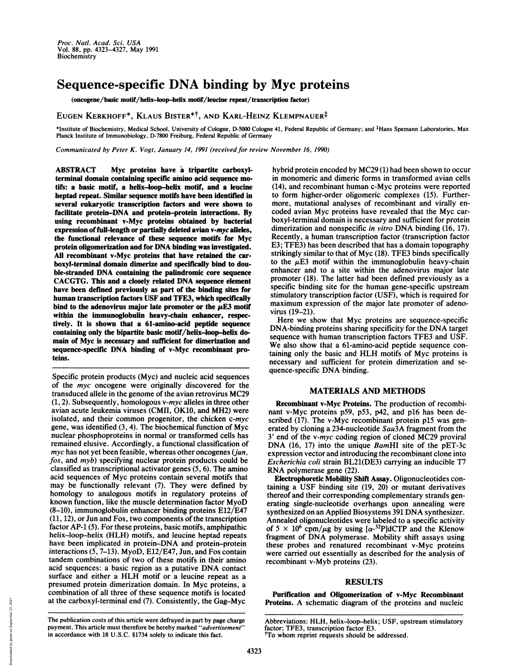 Sequence-Specific DNA Binding by Myc Proteins