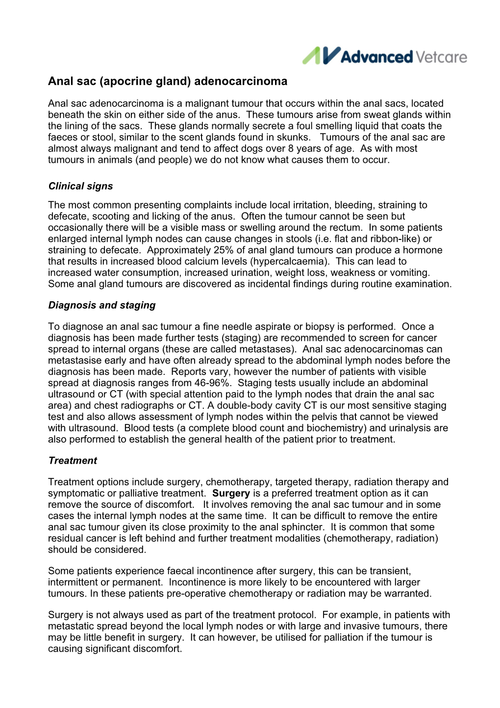 Anal Sac (Apocrine Gland) Adenocarcinoma Handout