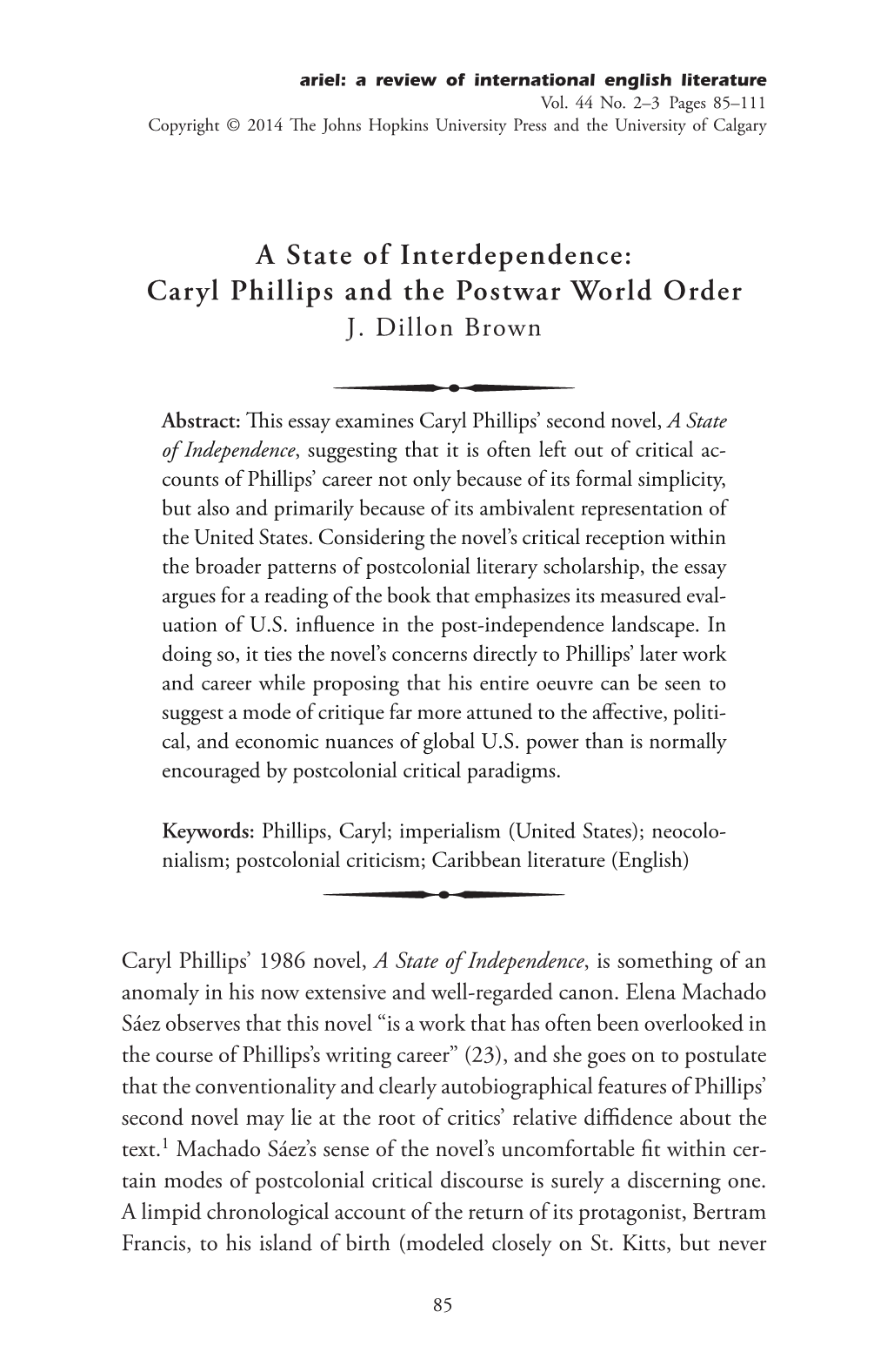 Caryl Phillips and the Postwar World Order J