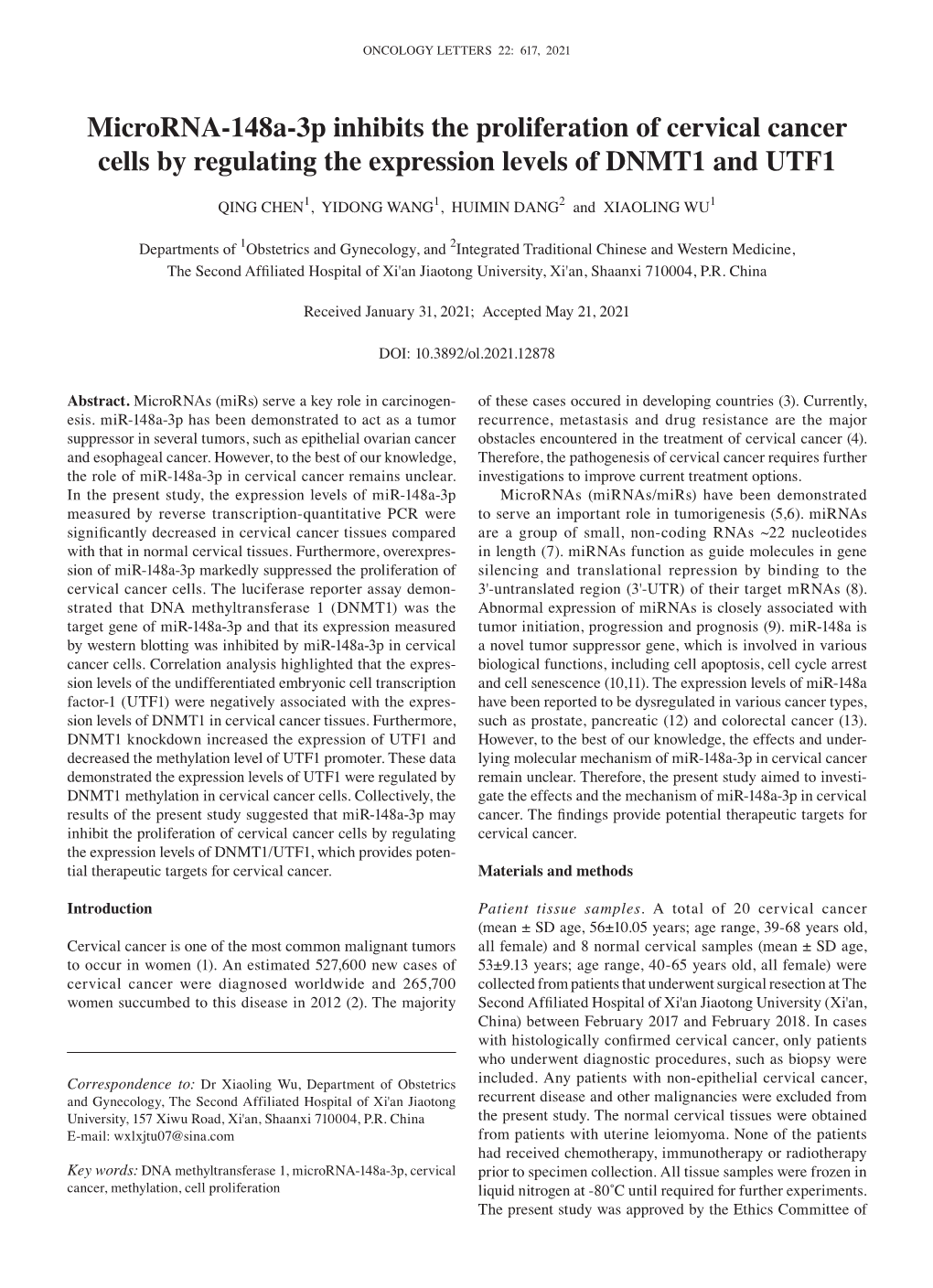 Microrna‑148A‑3P Inhibits the Proliferation of Cervical Cancer Cells by Regulating the Expression Levels of DNMT1 and UTF1