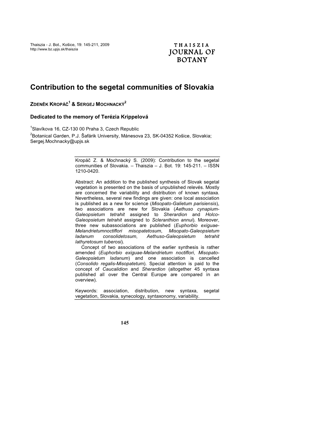 JOURNAL of JOURNAL of BOTANY Contribution to the Segetal