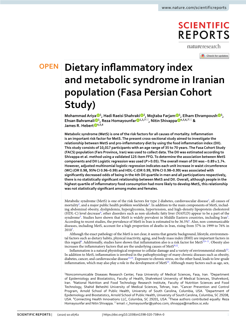 Dietary Inflammatory Index and Metabolic Syndrome in Iranian