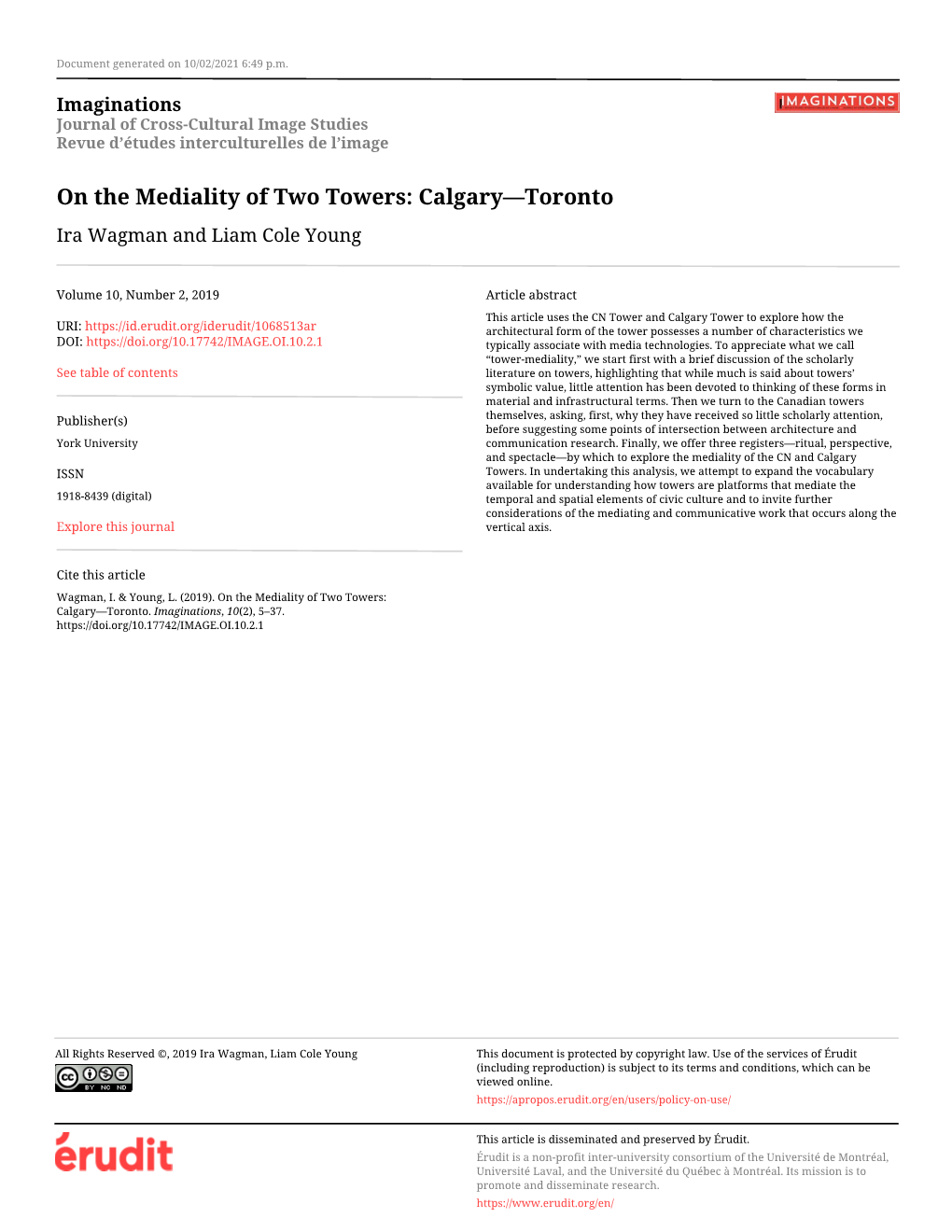 On the Mediality of Two Towers: Calgary—Toronto Ira Wagman and Liam Cole Young