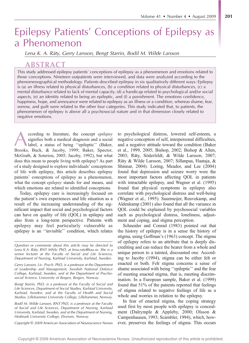 Epilepsy Patients’ Conceptions of Epilepsy As a Phenomenon Lena K