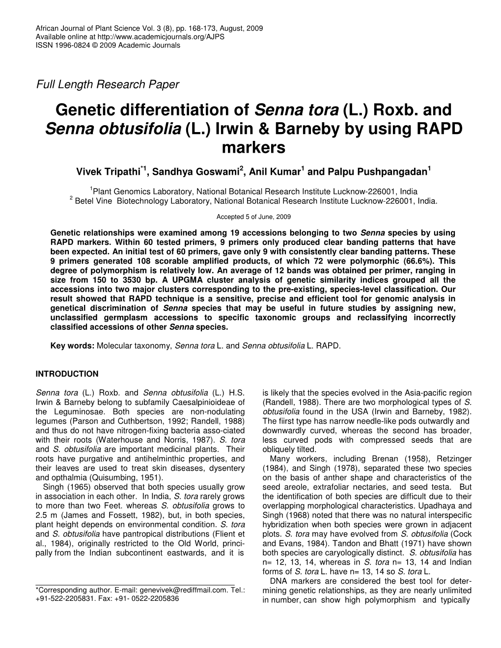 Roxb. and Senna Obtusifolia (L.) Irwin & Barneby by Using RAPD Markers