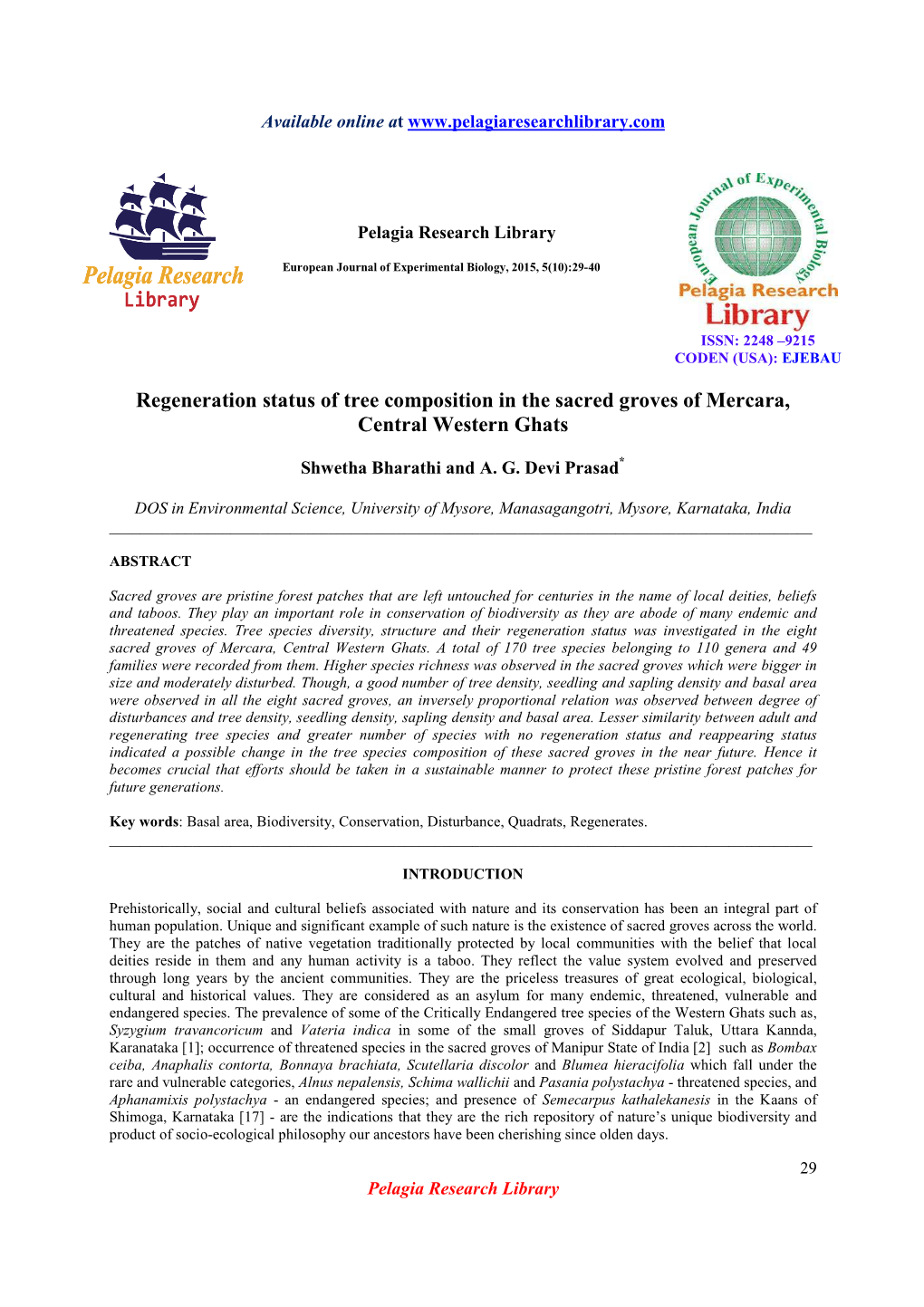 Regeneration Status of Tree Composition in the Sacred Groves of Mercara, Central Western Ghats