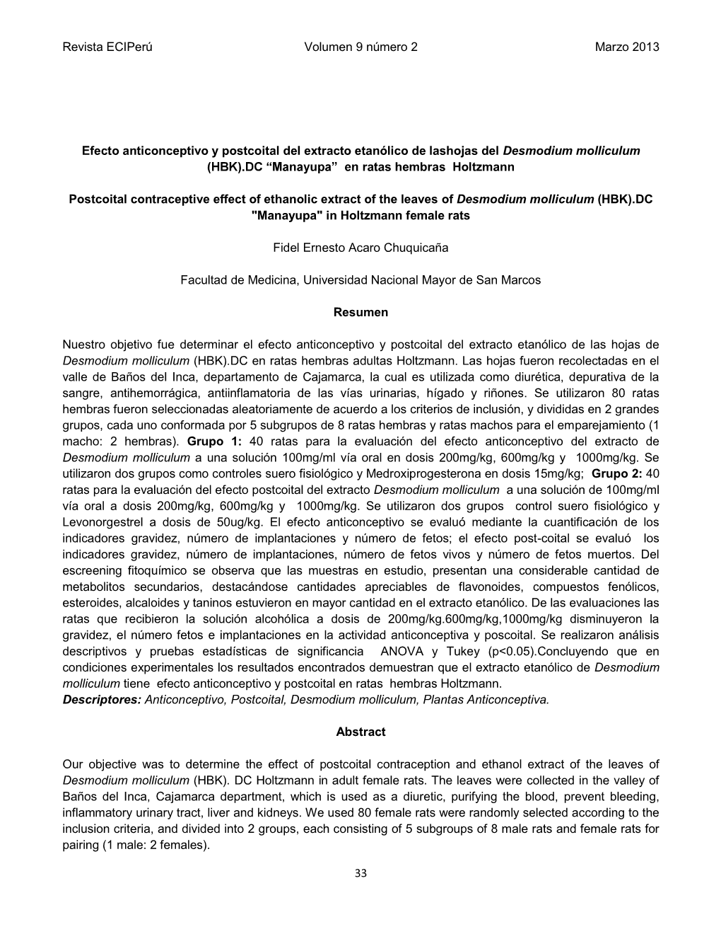 Efecto Anticonceptivo Y Postcoital Del Extracto Etanólico De Lashojas Del Desmodium Molliculum Ratas Hembras Holtzmann