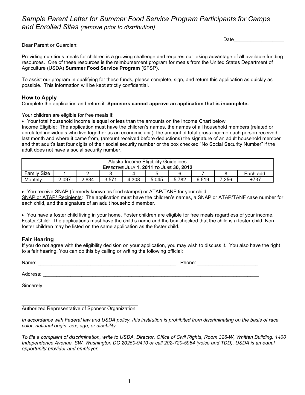 Sample Parent Letter for Summer Food Service Program Participants for Camps and Enrolled