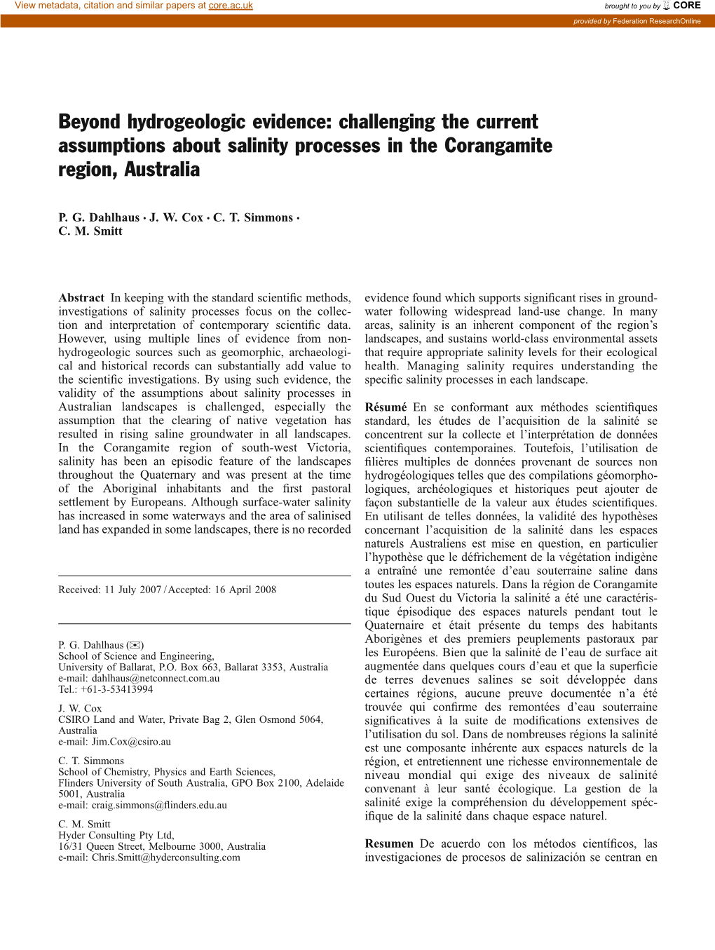 Challenging the Current Assumptions About Salinity Processes in the Corangamite Region, Australia