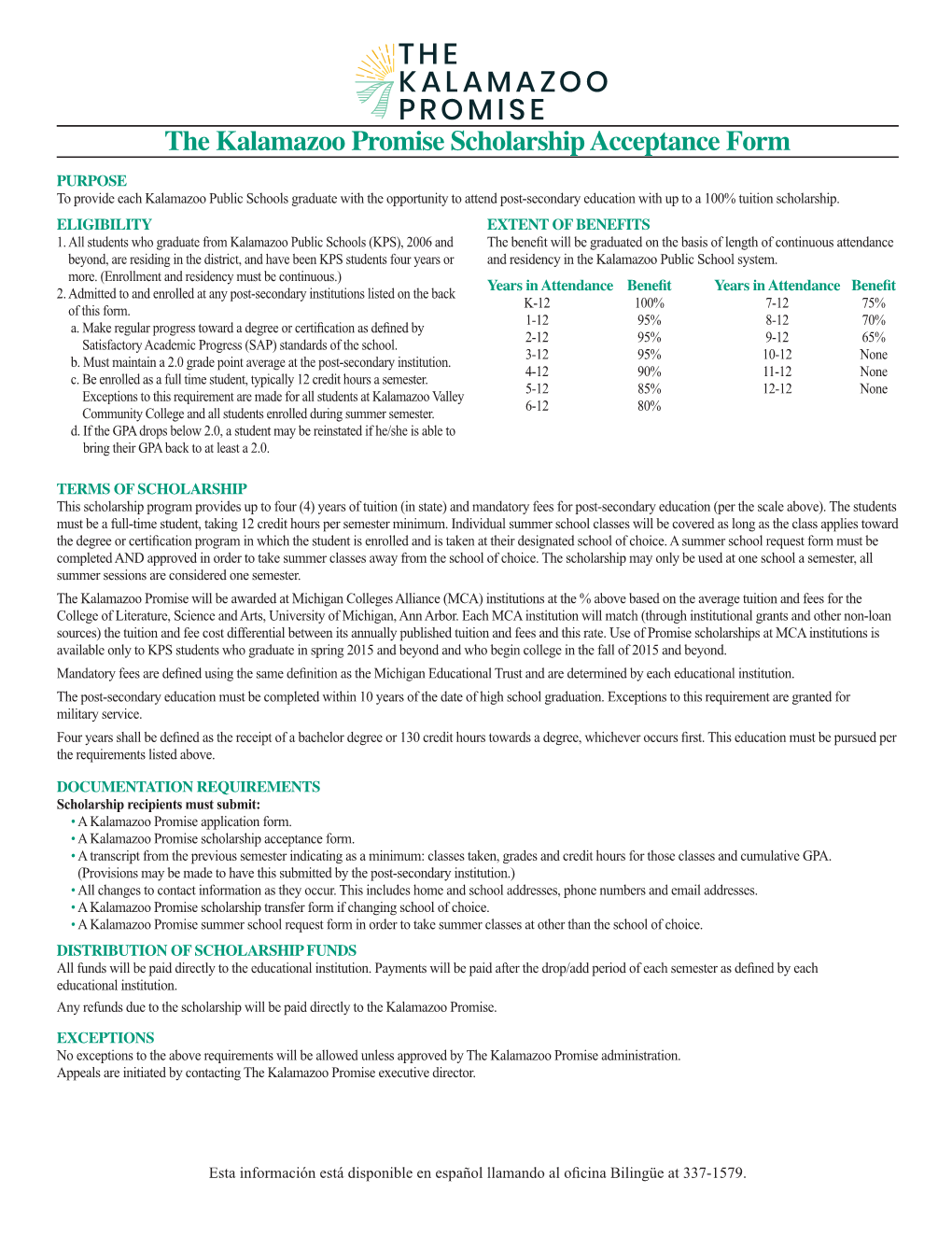 The Kalamazoo Promise Scholarship Acceptance Form