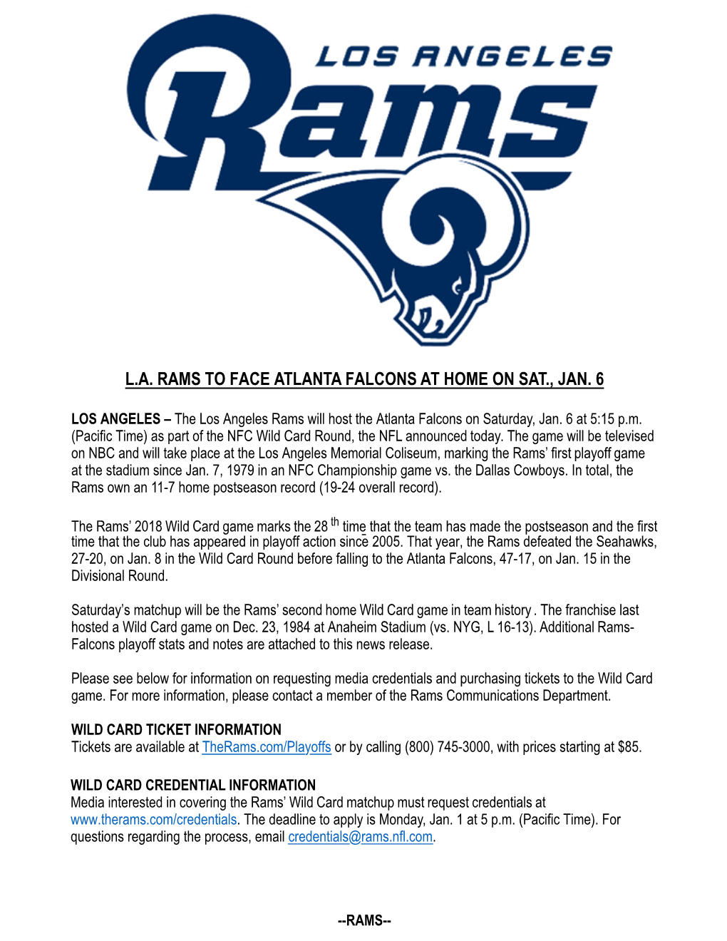 La Rams to Face Atlanta Falcons at Home on Sat Jan 6