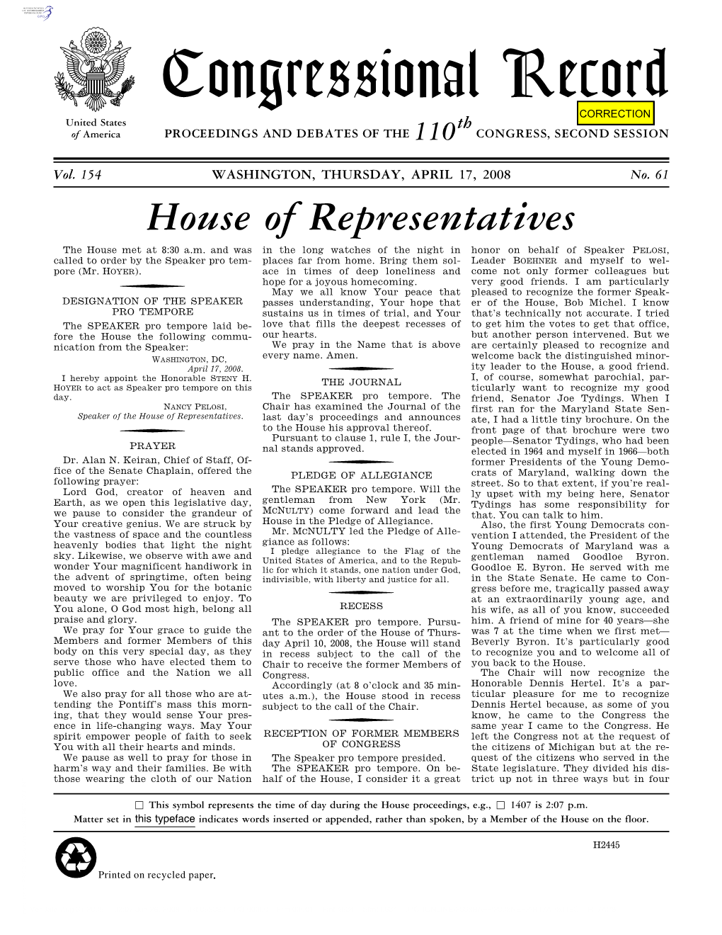 Congressional Record United States Th of America PROCEEDINGS and DEBATES of the 110 CONGRESS, SECOND SESSION