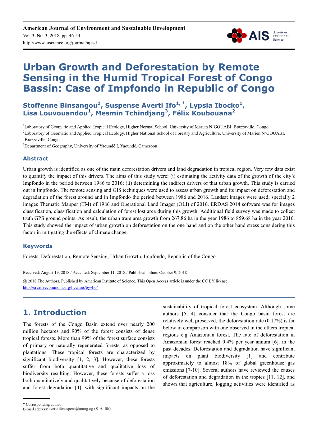 Urban Growth and Deforestation by Remote Sensing in the Humid Tropical Forest of Congo Bassin: Case of Impfondo in Republic of Congo