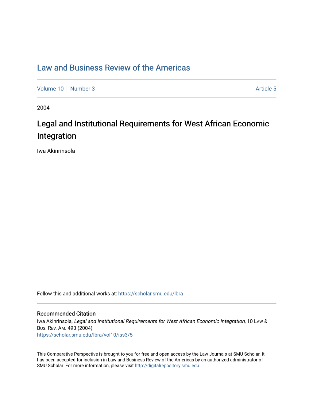 Legal and Institutional Requirements for West African Economic Integration