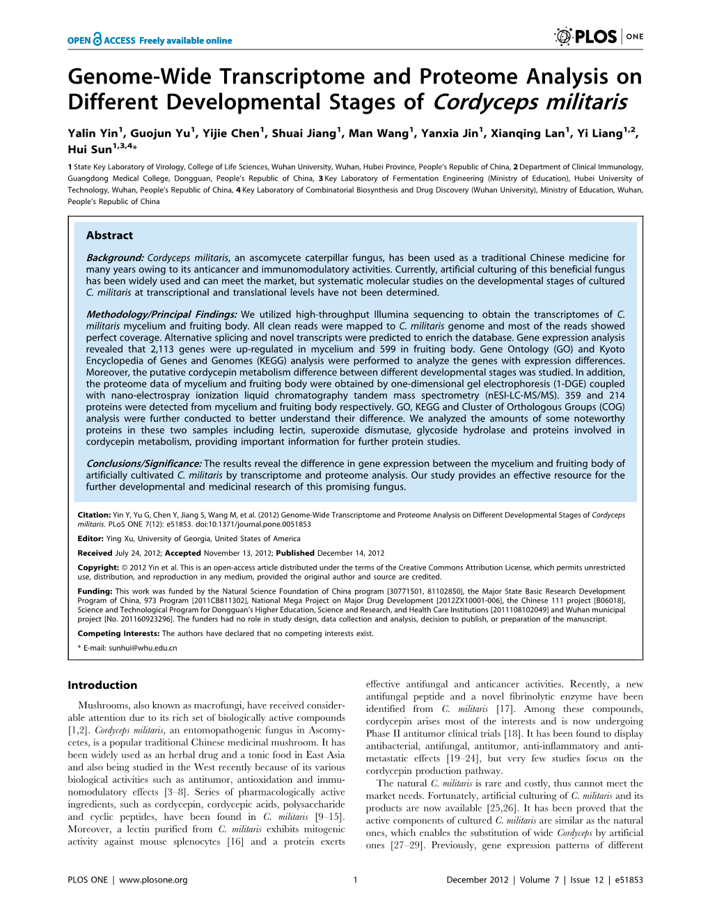 Genome-Wide Transcriptome and Proteome Analysis on Different Developmental Stages of Cordyceps Militaris