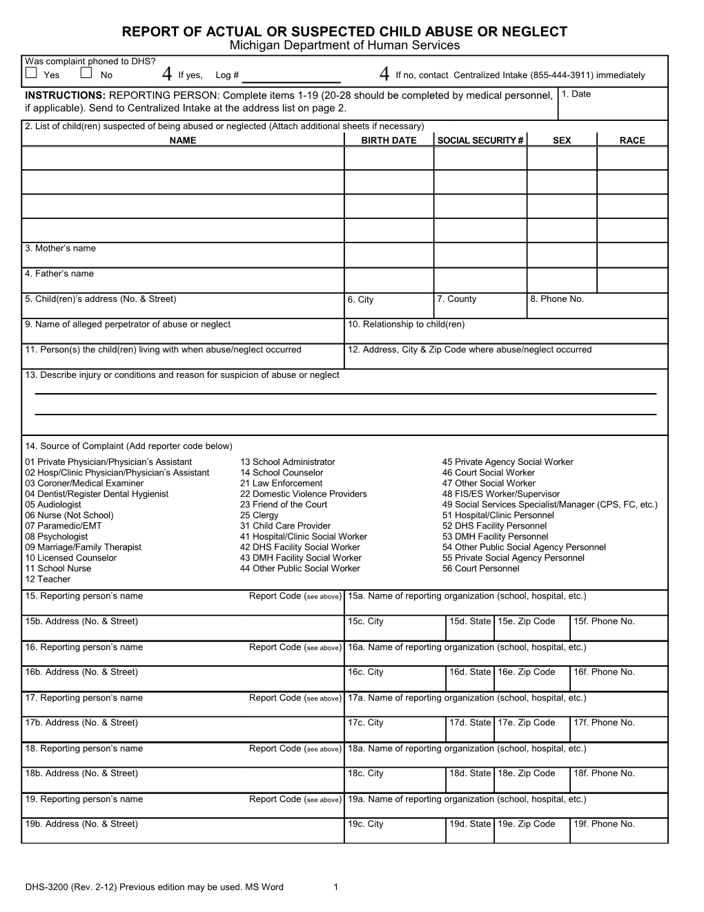 DHS-3200, Report of Actual Or Suspected Child Abuse Or Neglect