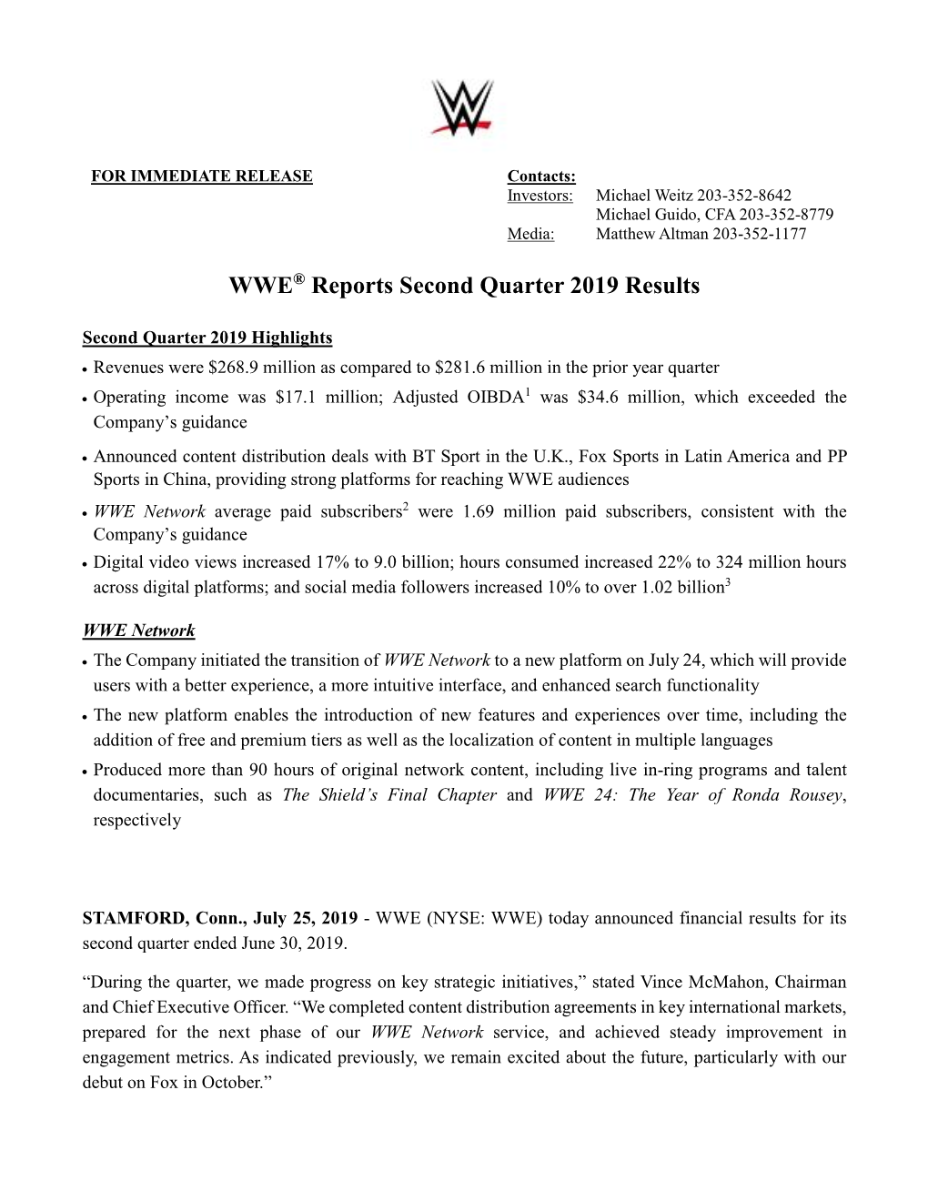 WWE® Reports Second Quarter 2019 Results