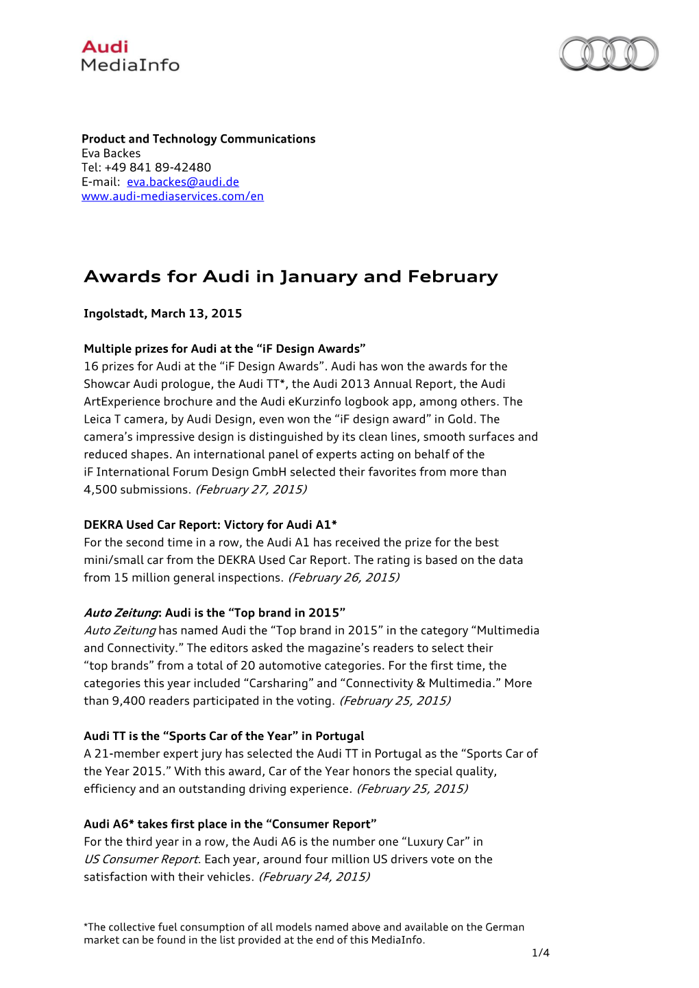 Awards for Audi in January and February