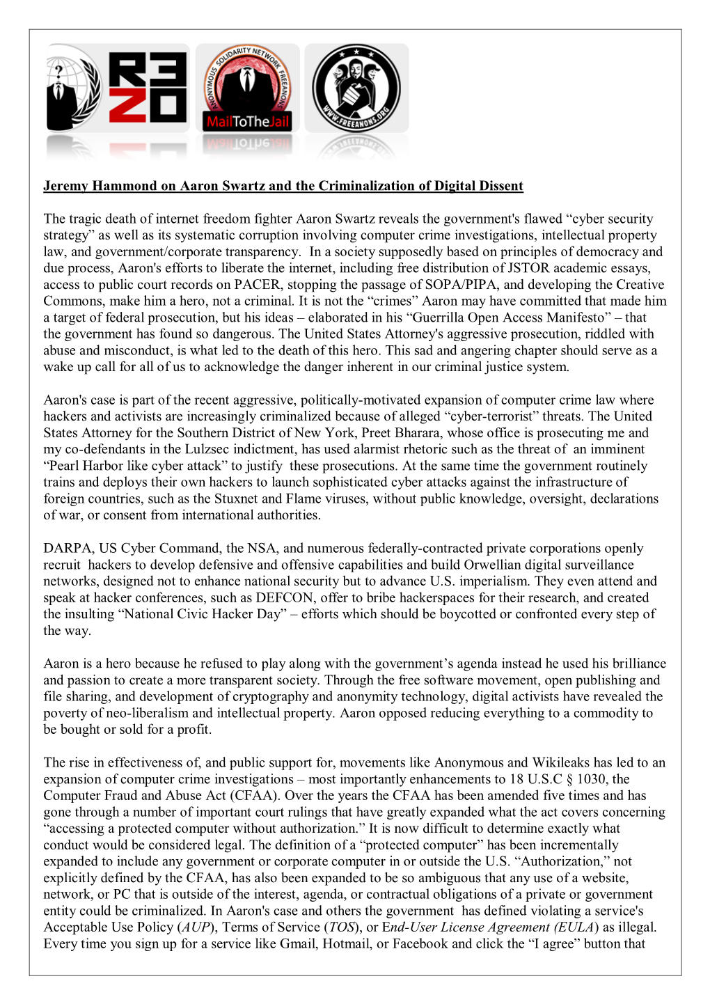 Jeremy Hammond on Aaron Swartz and the Criminalization of Digital Dissent