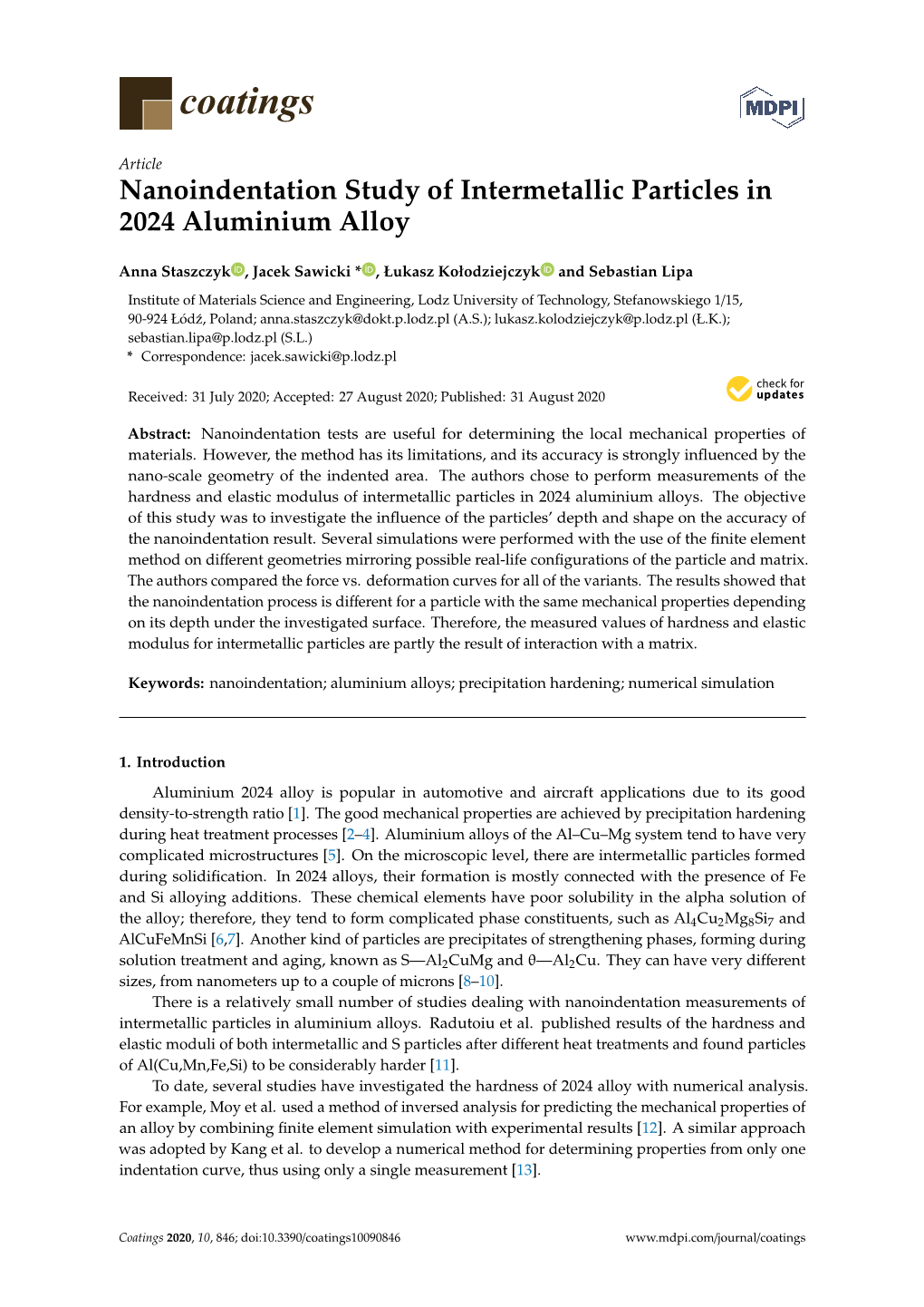 Nanoindentation Study of Intermetallic Particles in 2024 Aluminium Alloy