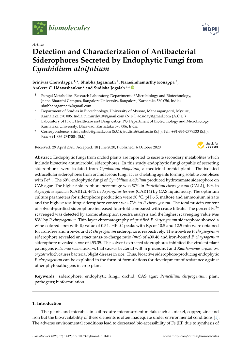 Detection and Characterization of Antibacterial Siderophores Secreted by Endophytic Fungi from Cymbidium Aloifolium