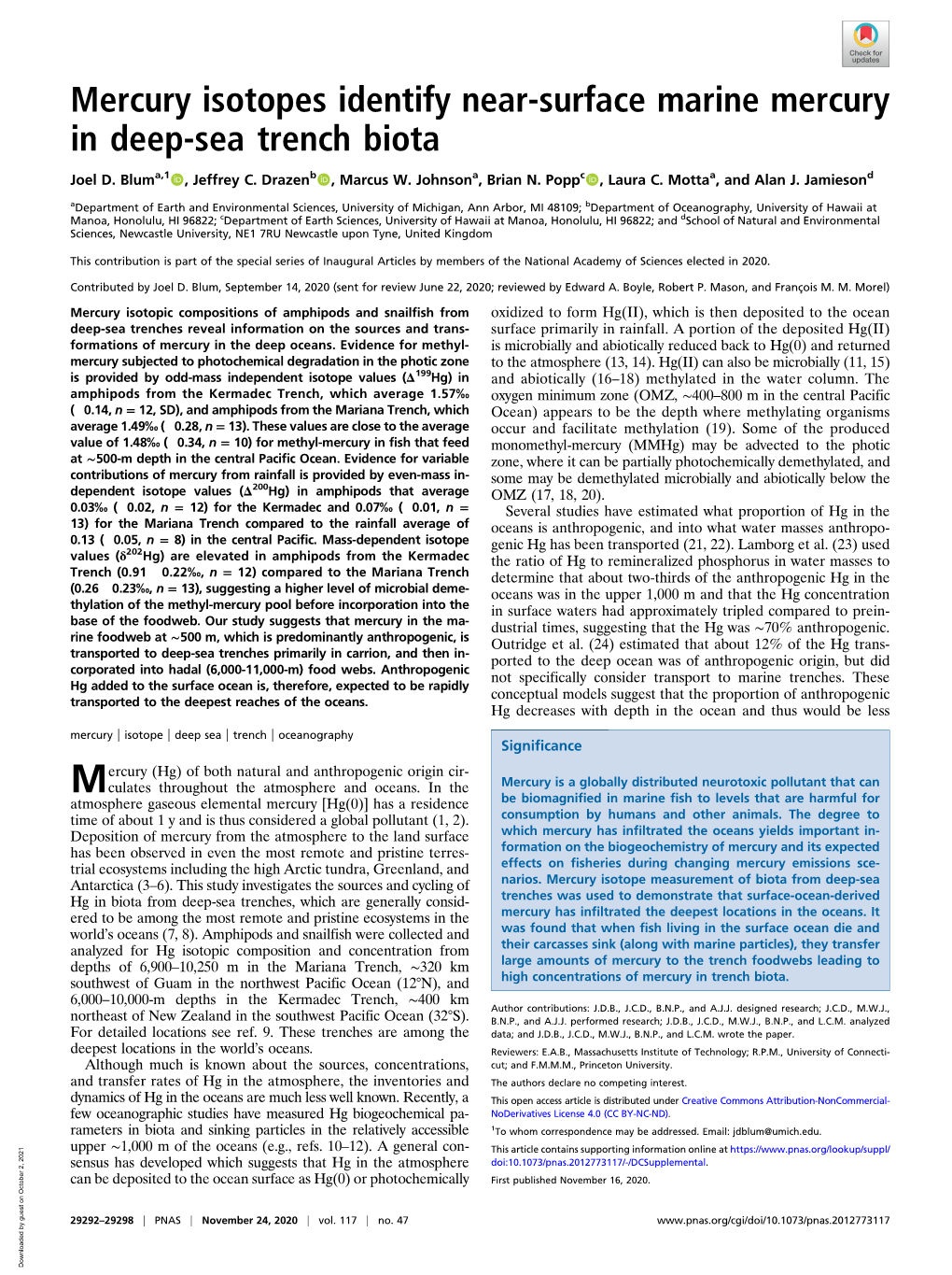 Mercury Isotopes Identify Near-Surface Marine Mercury in Deep-Sea Trench Biota