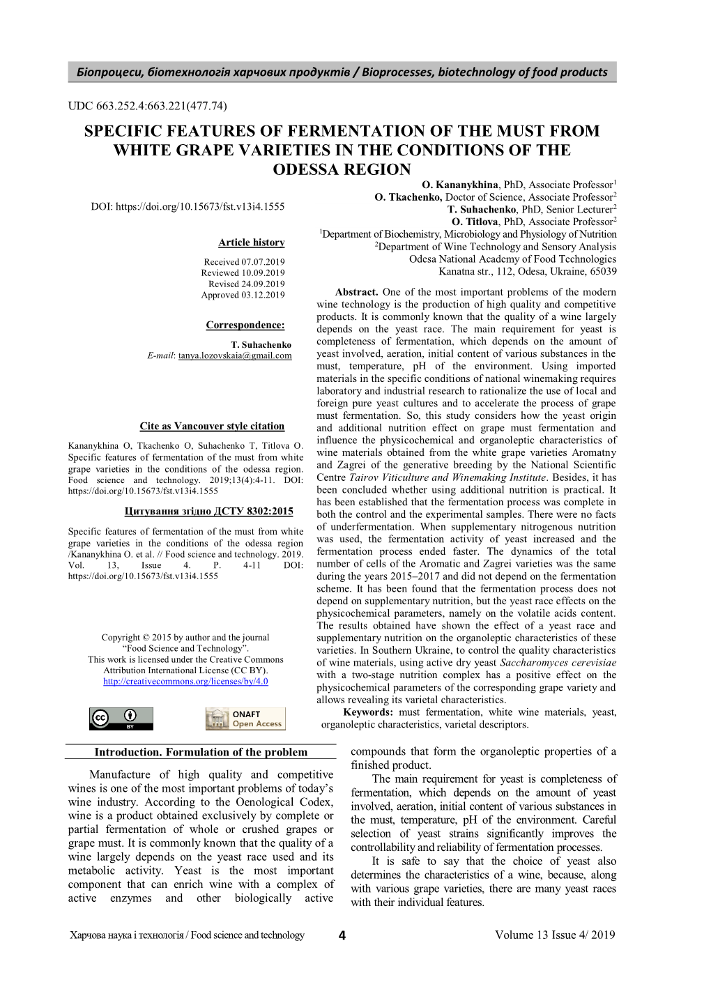 Specific Features of Fermentation of the Must from White Grape Varieties in the Conditions of The