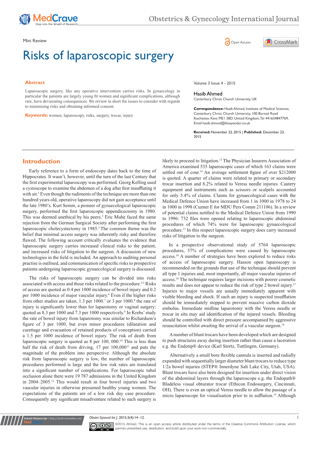 Risks of Laparoscopic Surgery