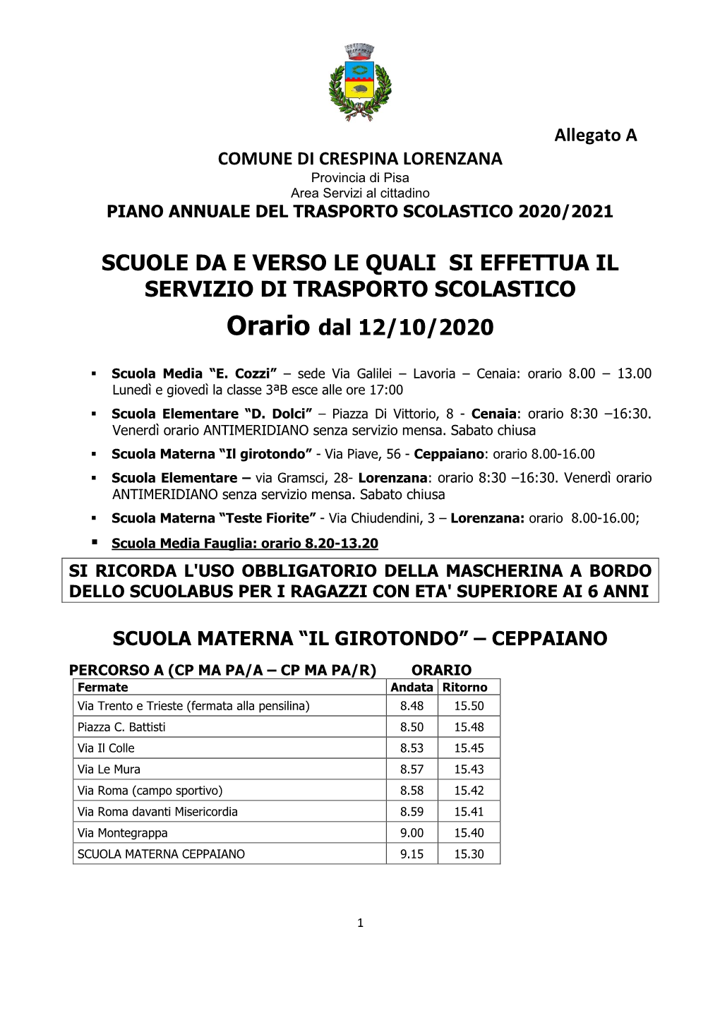 Allegato a COMUNE DI CRESPINA LORENZANA Provincia Di Pisa Area Servizi Al Cittadino PIANO ANNUALE DEL TRASPORTO SCOLASTICO 2020/2021