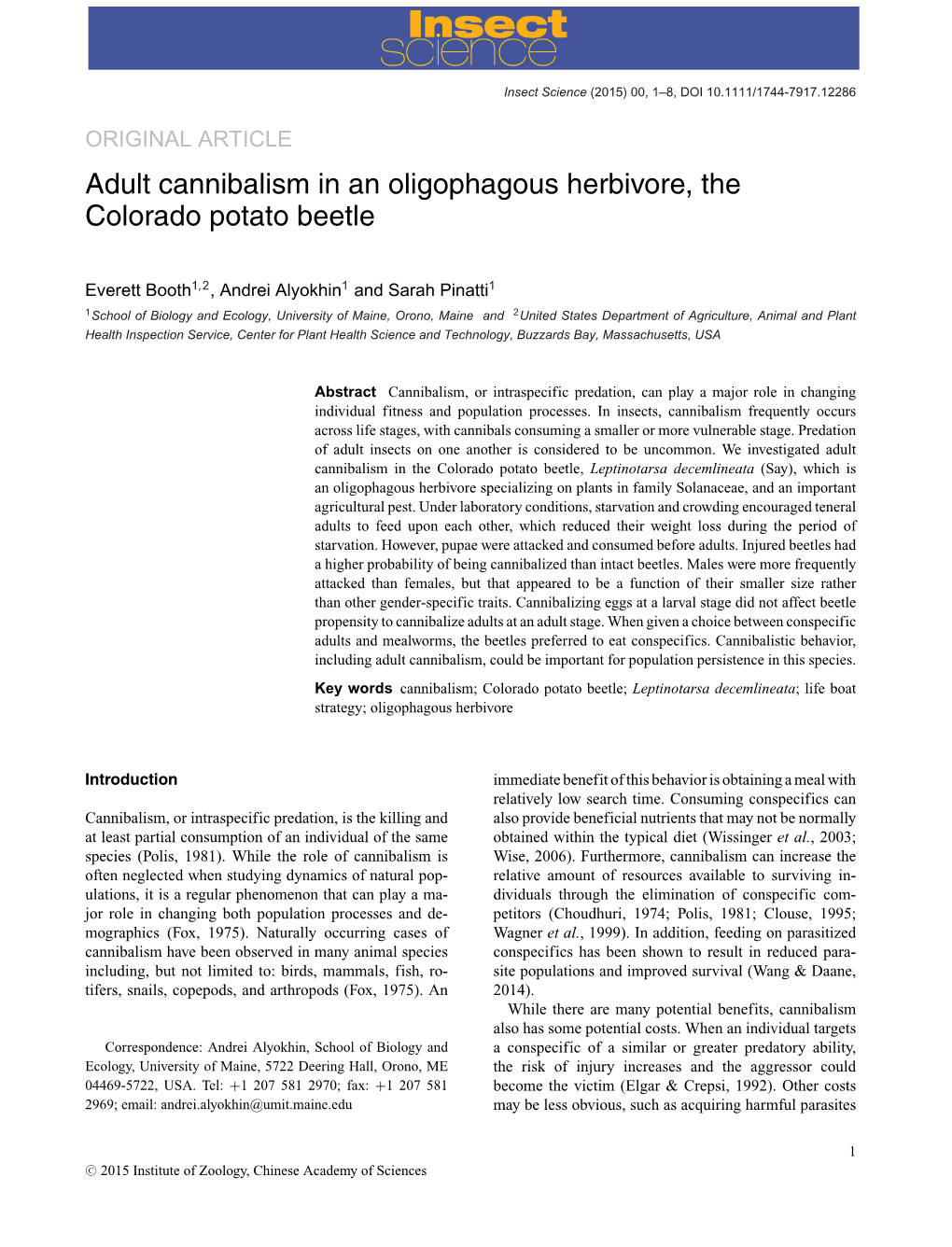 Adult Cannibalism in an Oligophagous Herbivore, the Colorado Potato Beetle