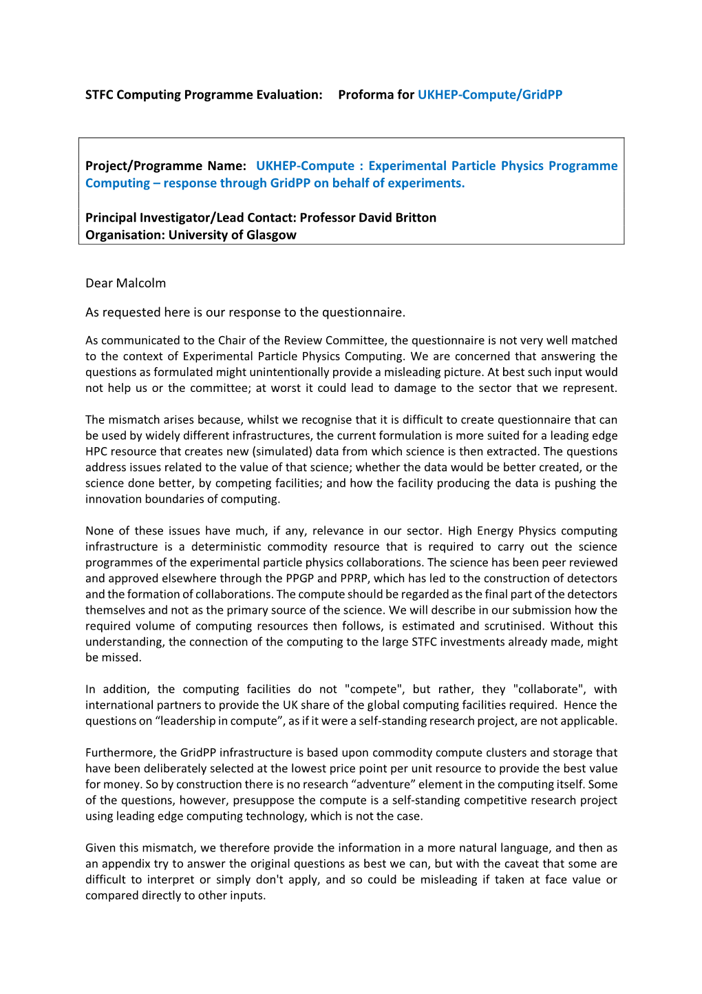 STFC Computing Programme Evaluation: Proforma for UKHEP-Compute/Gridpp