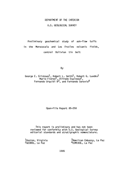 Preliminary Geochemical Study of Ash-Flow Tuffs in the Morococala and Los Frailes Volcanic Fields, Central Bolivian Tin Belt