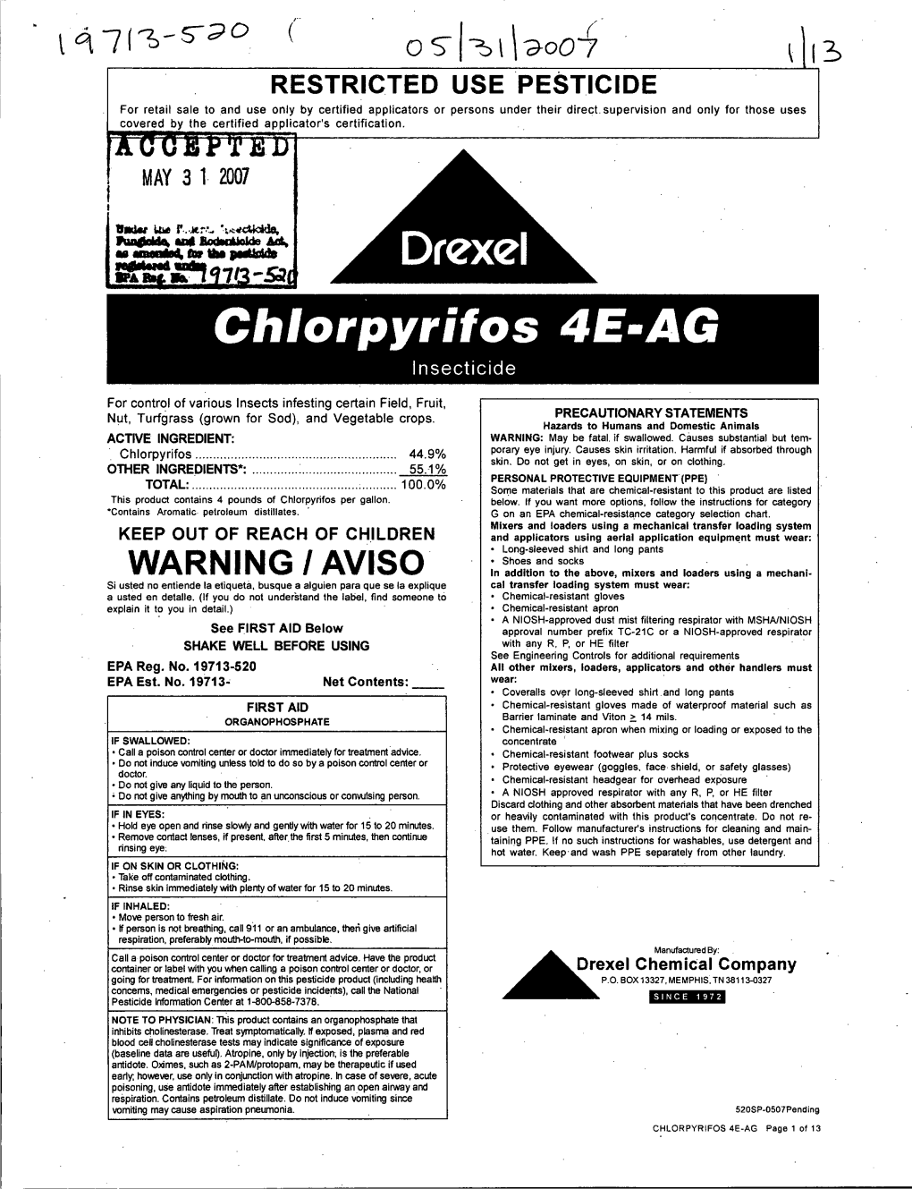 U.S. EPA, Pesticide Product Label, DREXEL CHLORPYRIFOS 4E-AG