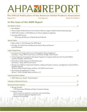 In This Issue of the AHPA Report
