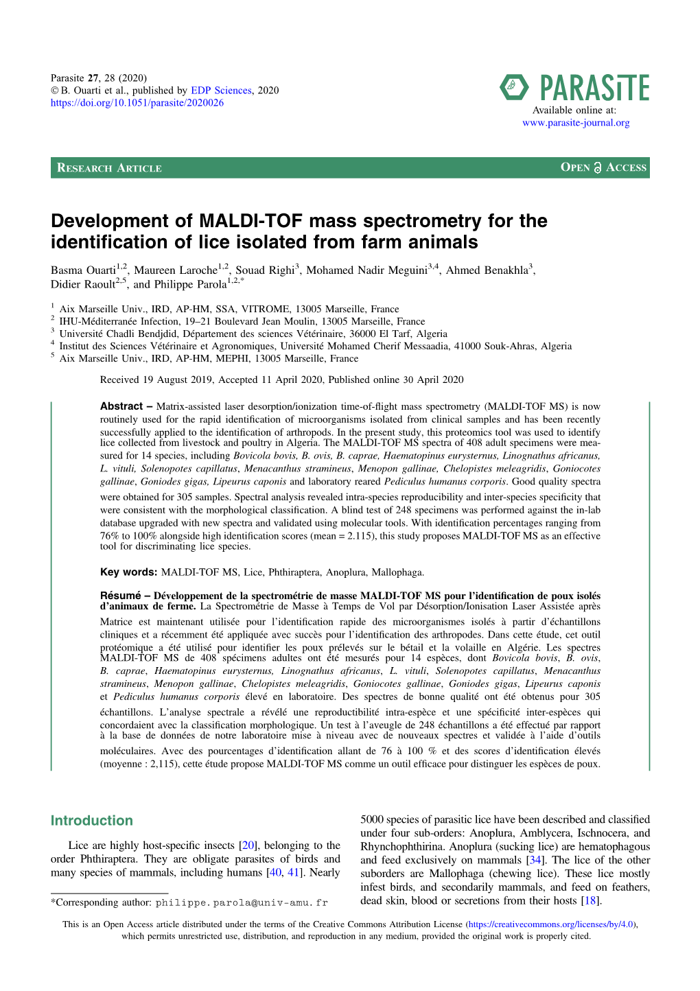 Development of MALDI-TOF Mass Spectrometry for the Identification of Lice Isolated from Farm Animals