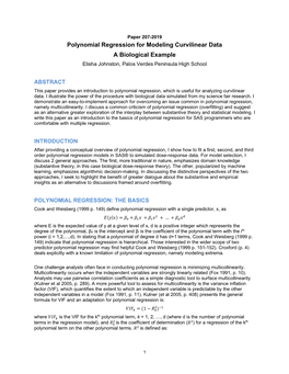Polynomial Regression for Modeling Curvilinear Data a Biological Example Elisha Johnston, Palos Verdes Peninsula High School
