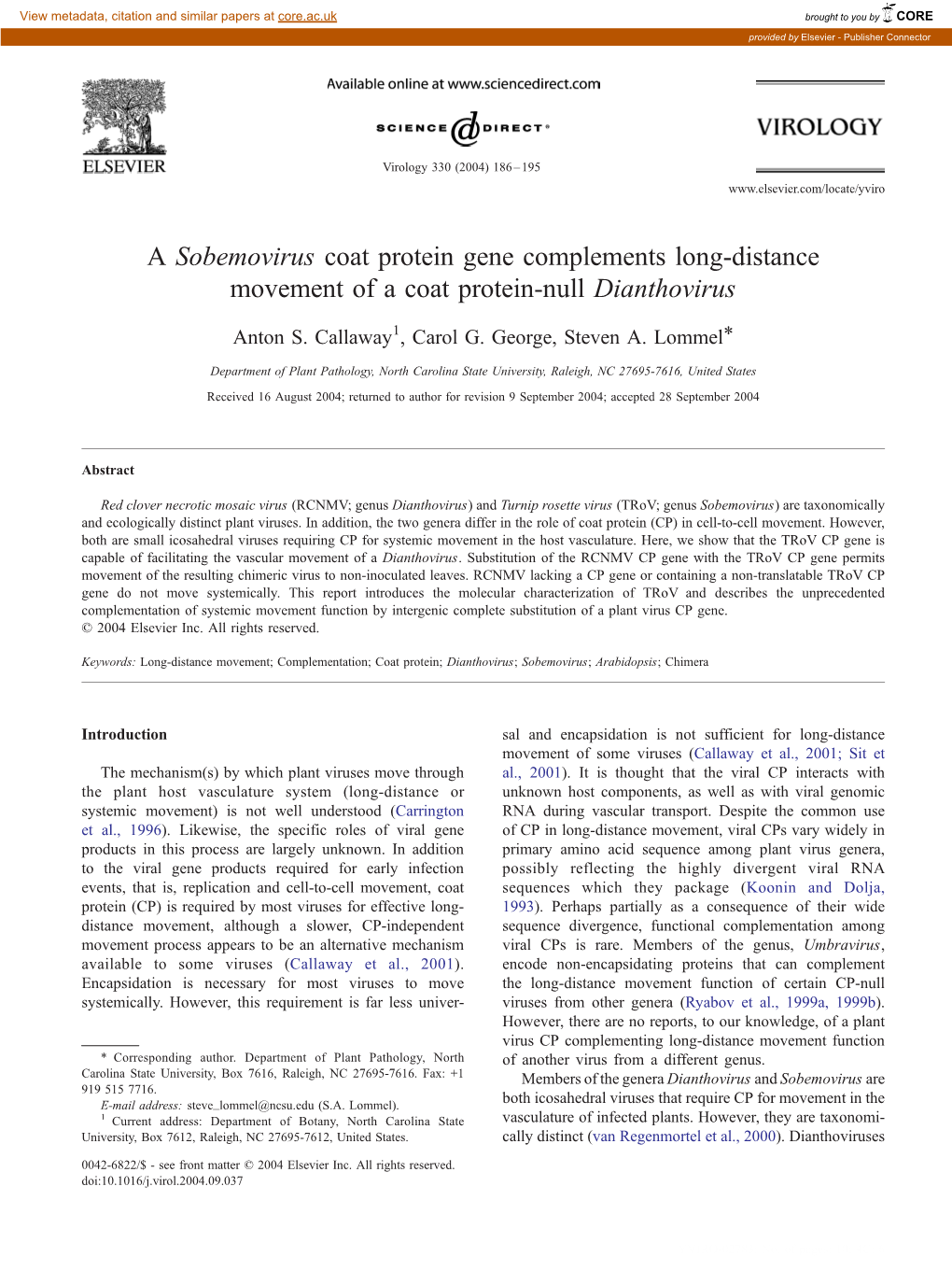 Sobemovirus Coat Protein Gene Complements Long-Distance Movement of a Coat Protein-Null Dianthovirus