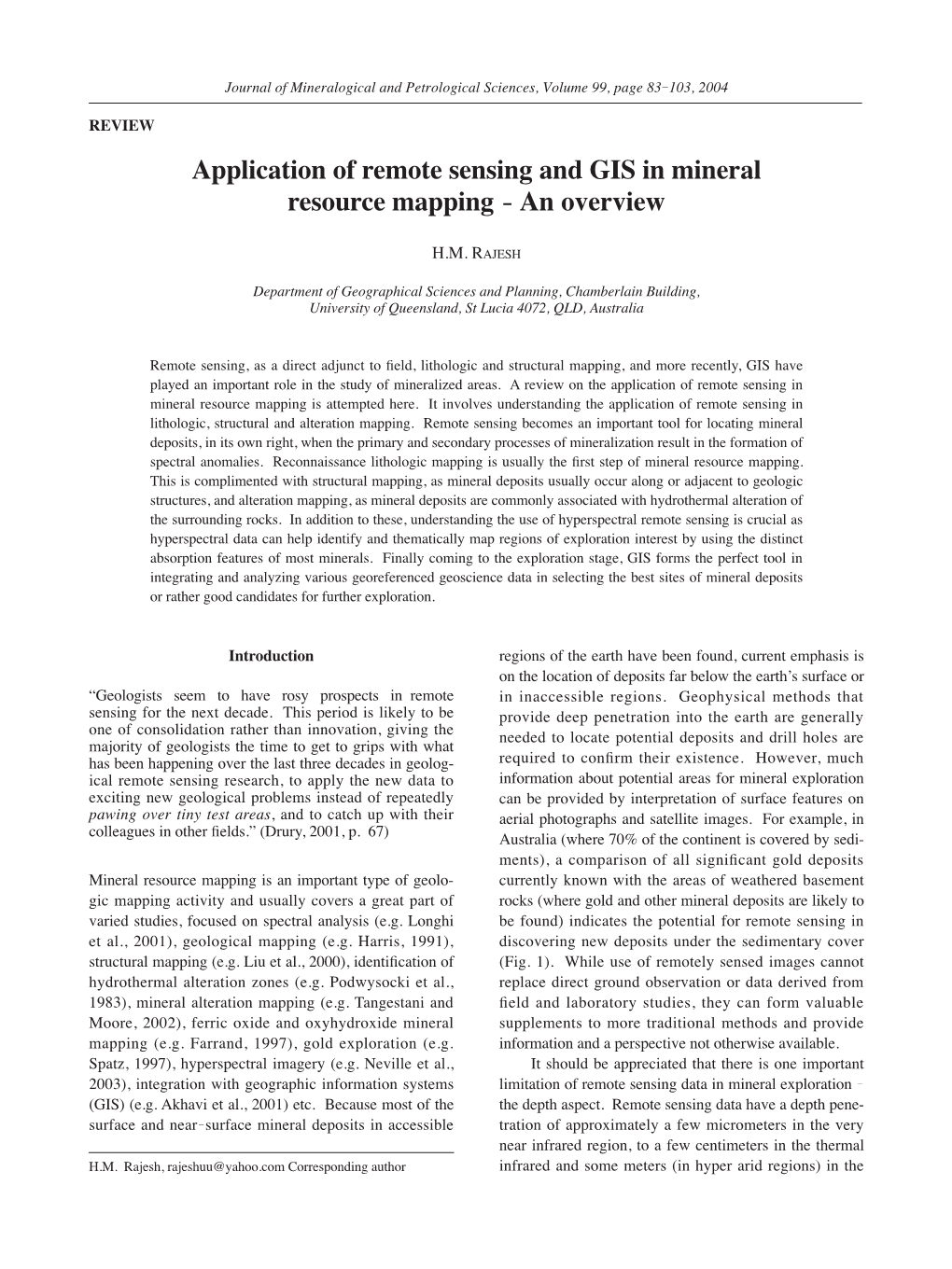 Application of Remote Sensing and GIS in Mineral Resource Mapping − an Overview