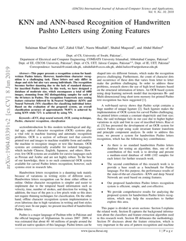 KNN and ANN-Based Recognition of Handwritten Pashto Letters Using Zoning Features