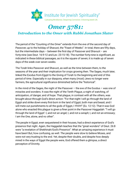 Introduction to the Omer with Rabbi Jonathan Slater