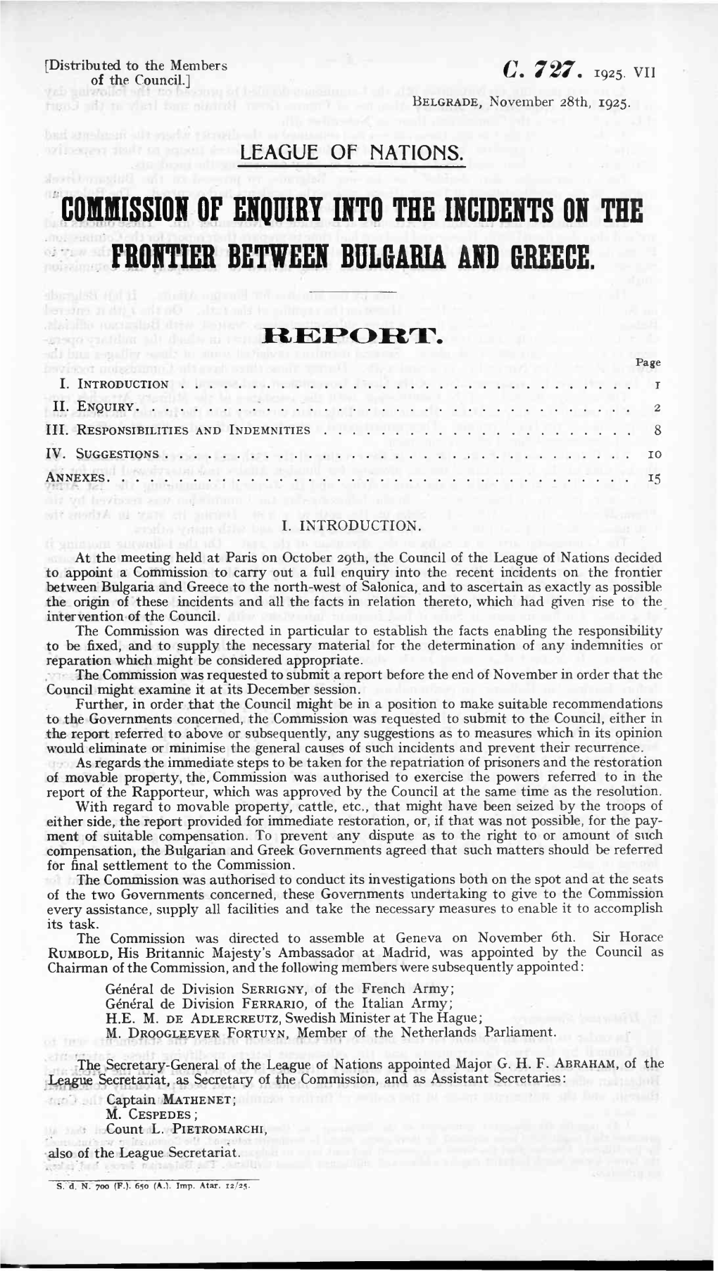 Commission of Enquiry Into the Incidents on the Frontier Retween Bulgaria and Greece