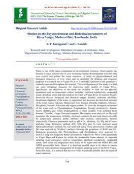 Studies on the Physicochemical and Biological Parameters of River Vaigai, Madurai Dist, Tamilnadu, India