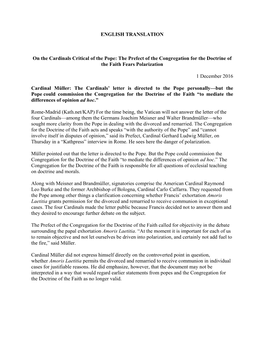 ENGLISH TRANSLATION on the Cardinals Critical of the Pope: the Prefect of the Congregation for the Doctrine of the Faith Fears P
