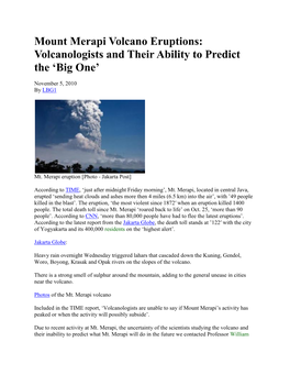 Mount Merapi Volcano Eruptions: Volcanologists and Their Ability to Predict the ‘Big One’