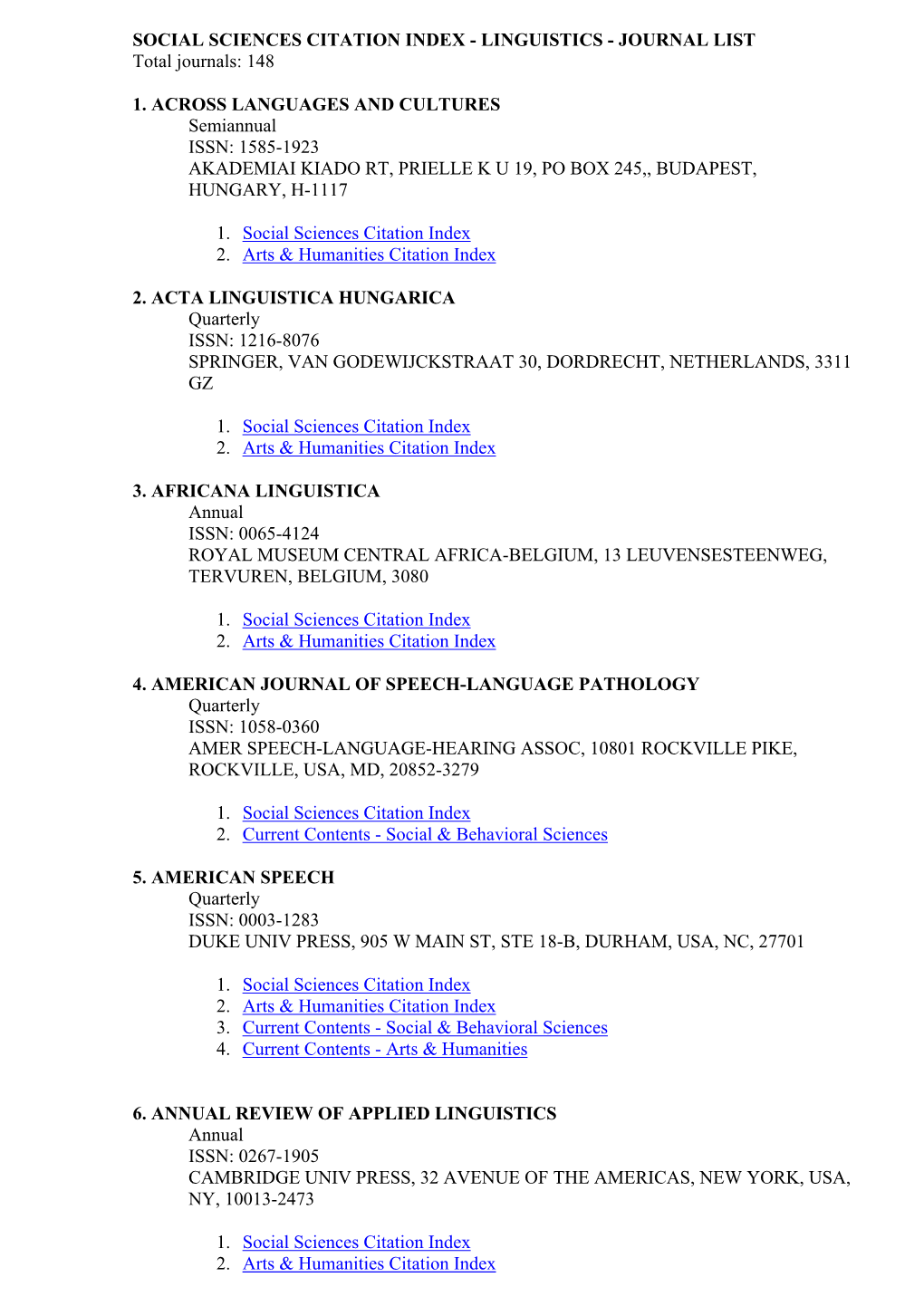 SOCIAL SCIENCES CITATION INDEX - LINGUISTICS - JOURNAL LIST Total Journals: 148